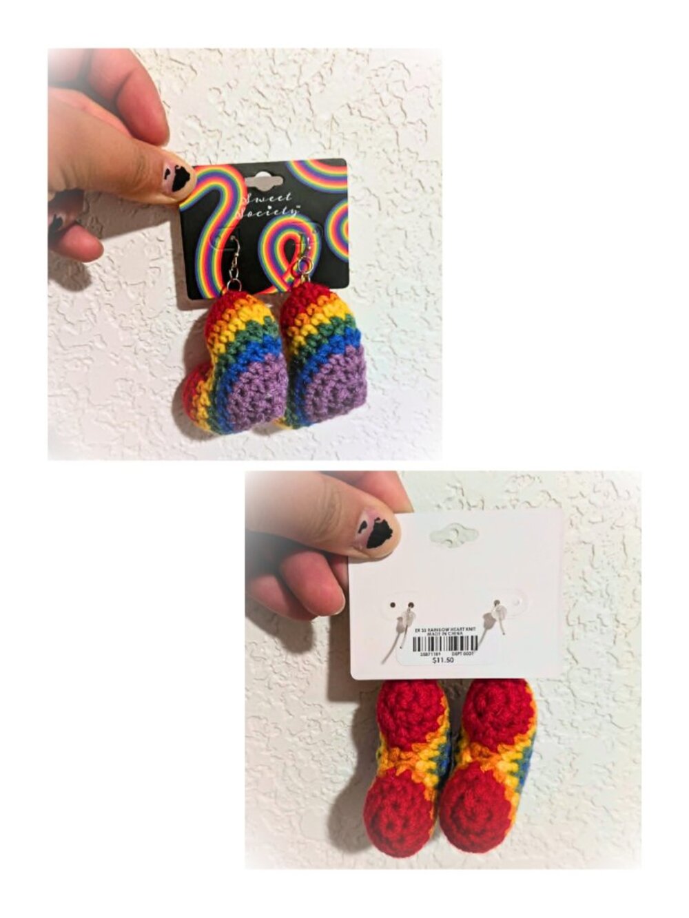 NWT Sweet Society Rainbow Knit Heart Earrings Pride Crochet Boho 3" Drop